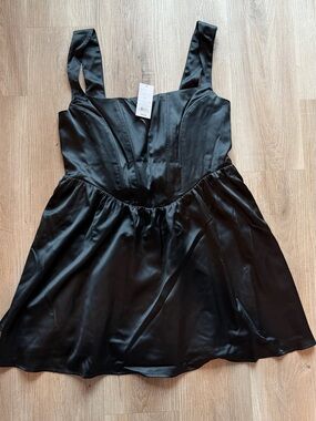 Black Satin Square-Neck Mini Dress